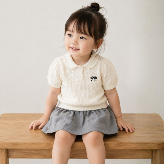 リボン刺繍ポロ襟トップス