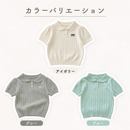 リボン刺繍ポロ襟トップス