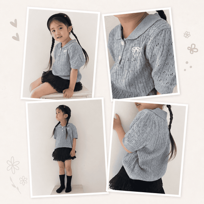 リボン刺繍ポロ襟トップス