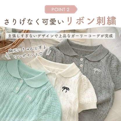 リボン刺繍ポロ襟トップス