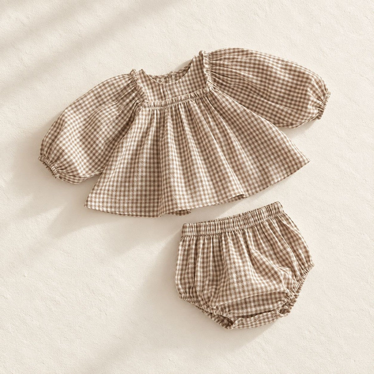 刺繍パフ袖セットアップ ブラウンチェック