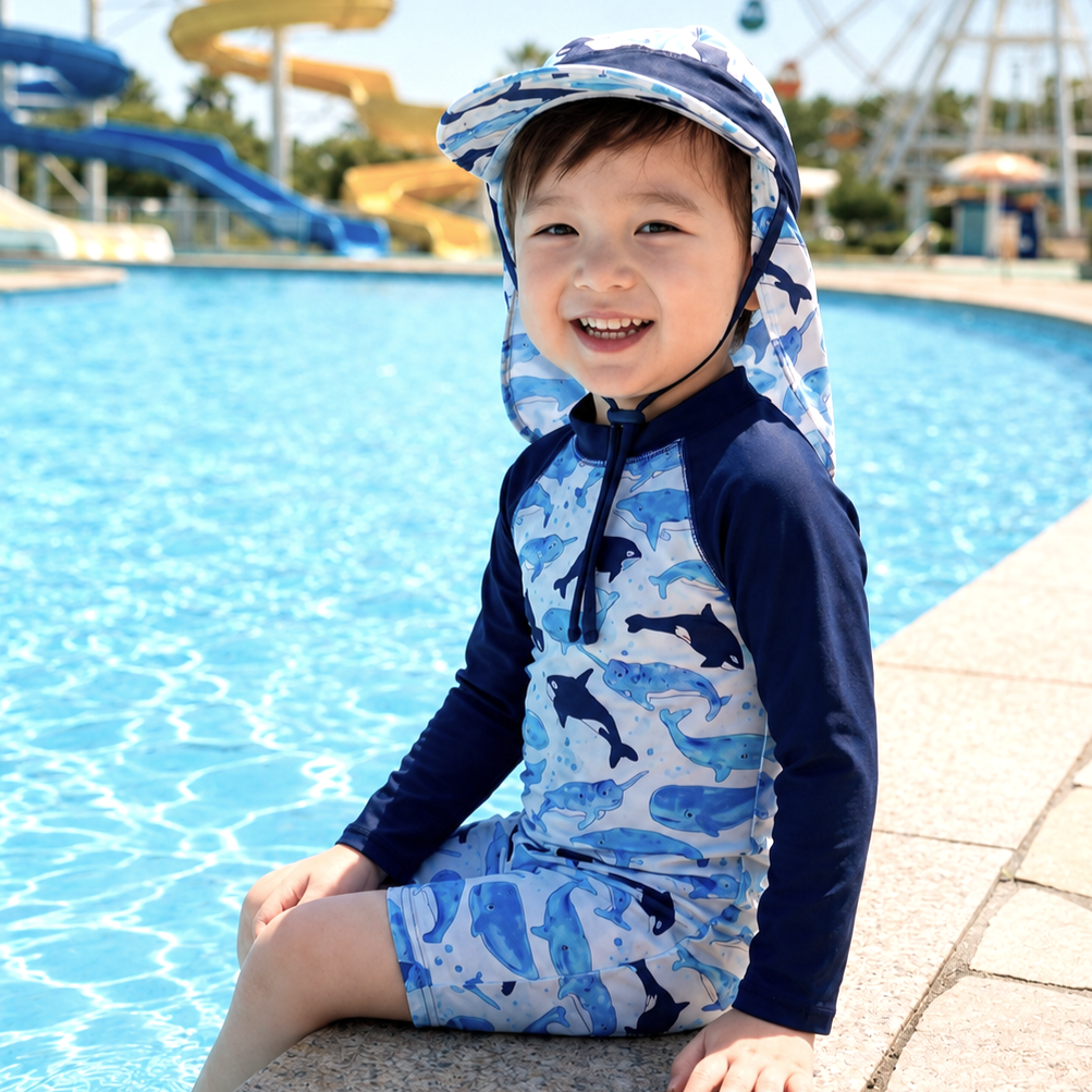 日よけ帽子付き男の子水着