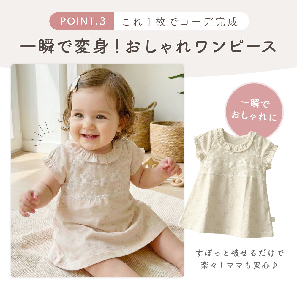 フリル袖レース切り替えワンピース